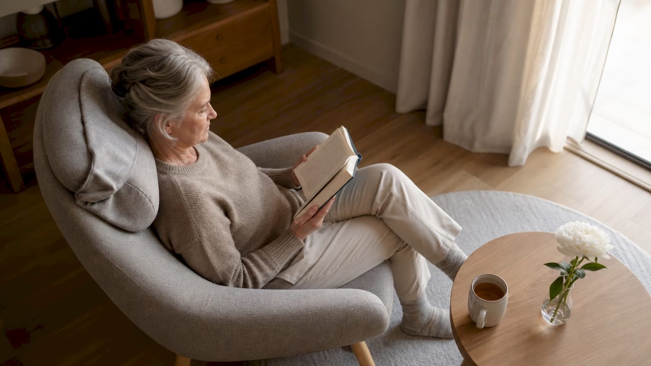 Een oudere dame maakt comfortabel gebruik van een verstelbaar nekkussen.