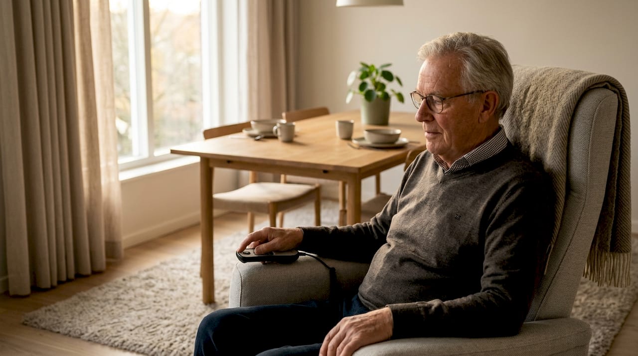 Een oudere man stelt zijn elektrische sta-opstoel naar wens in.