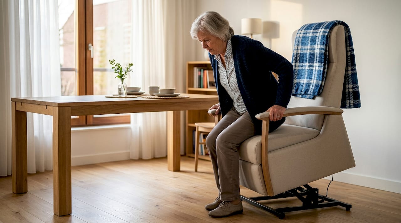 Een oudere dame maakt gebruik van een sta-op stoel om gemakkelijker uit haar stoel in de woonkamer te komen.