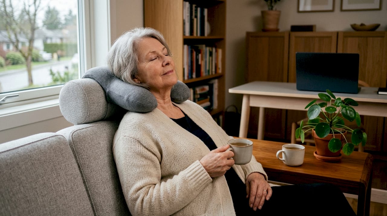 Een oudere dame zit comfortabel in de woonkamer met een nekkussen ter ondersteuning.