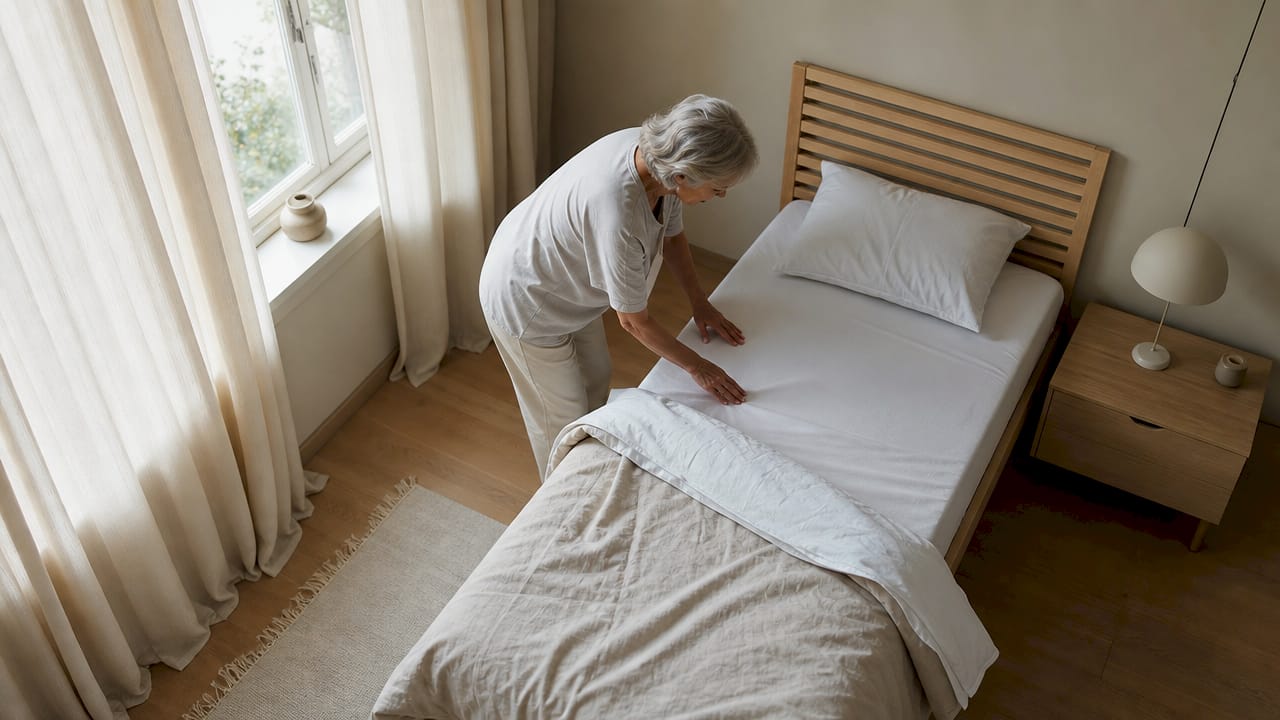 Een oudere dame die haar matras even recht legt zodat ze straks lekker comfortabel kan liggen.
