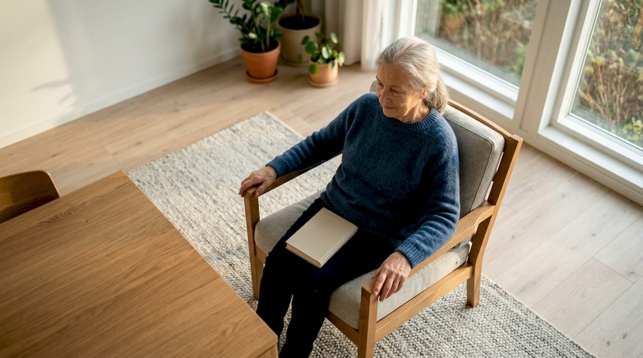 Oudere dame checkt thuis of haar stoel stevig genoeg is