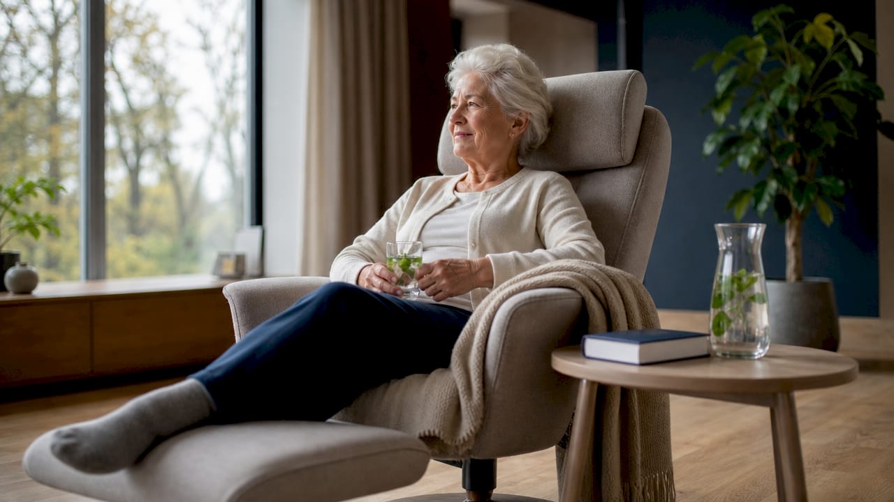Een oudere dame zit comfortabel in de woonkamer met haar voeten op een voetenbankje.