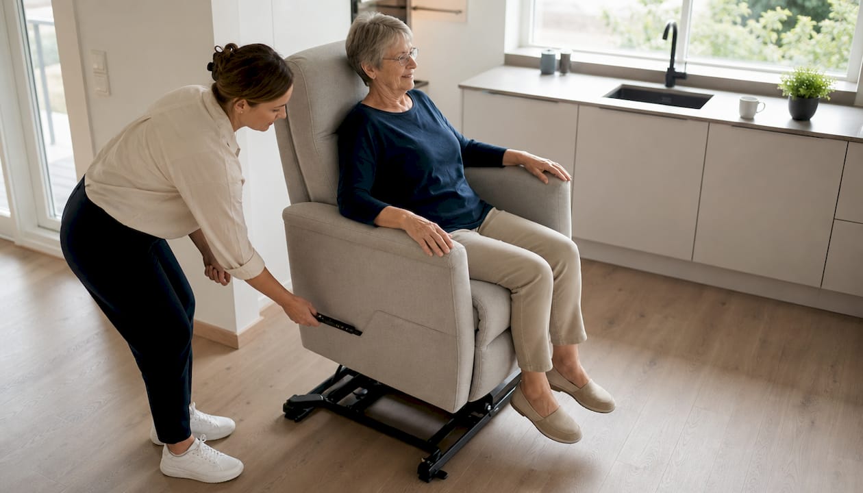 Een verzorgende stelt de elektrische kantelstoel in.