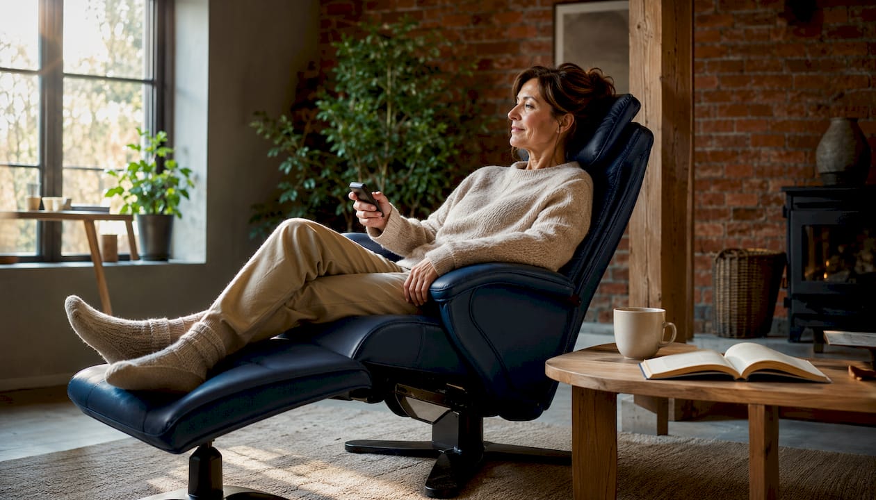 Een vrouw geniet thuis van haar relaxstoel door de kantelfunctie te gebruiken.
