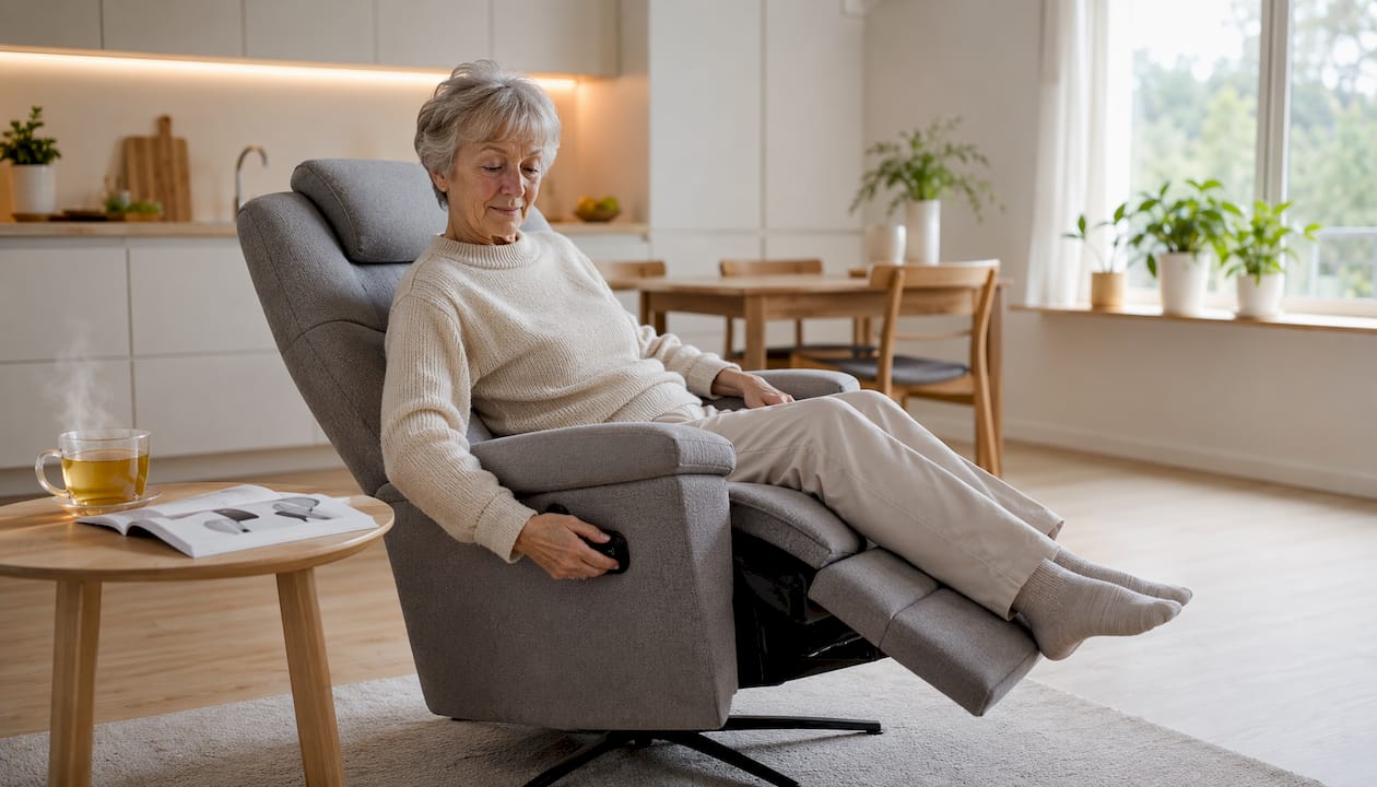 Een oudere dame probeert thuis een relaxstoel uit om te kijken of hij lekker zit.