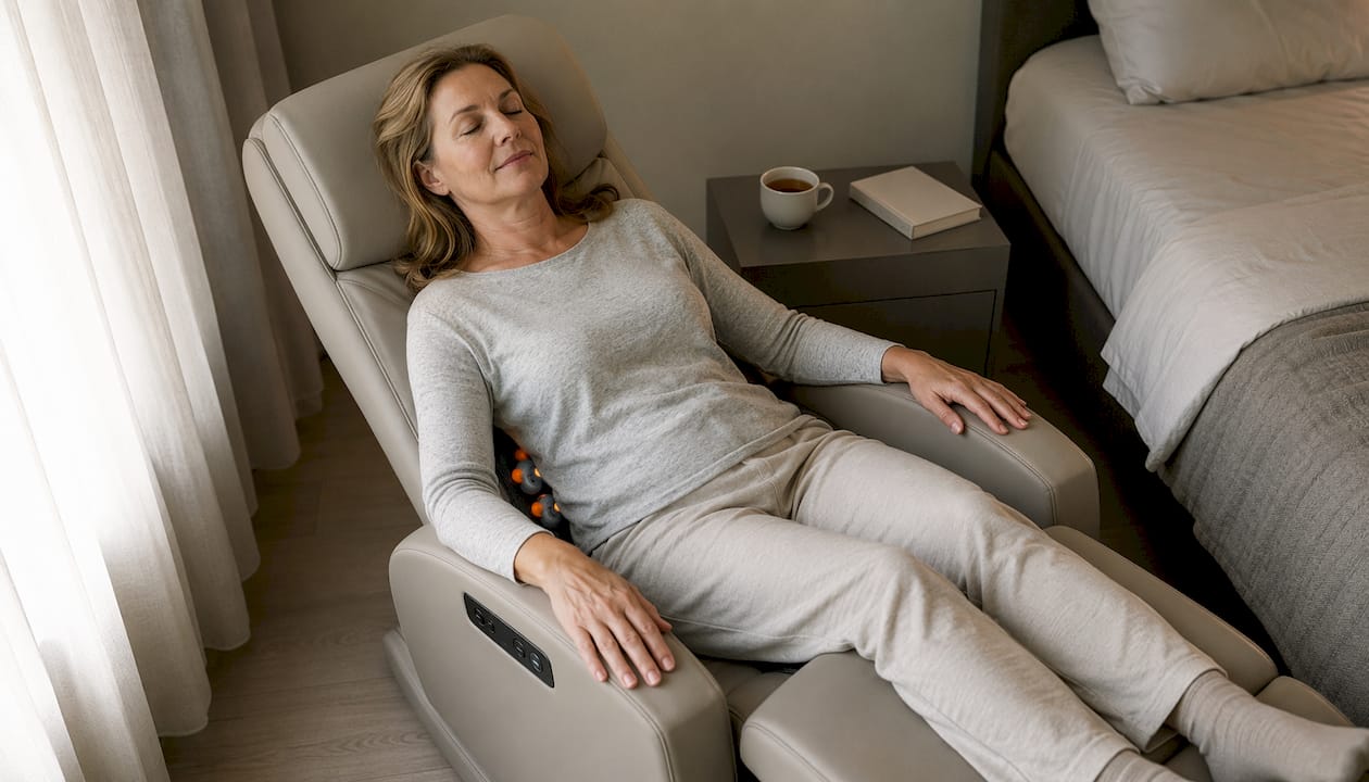 Een vrouw geniet thuis van de massagestand op haar relaxstoel.