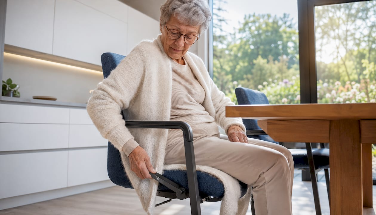 Een oudere dame zit ontspannen aan tafel op een comfortabele, ergonomische stoel.