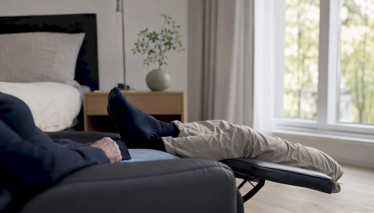 Ouderen laten hun benen rusten op een relaxstoel om vocht in de benen te verminderen.