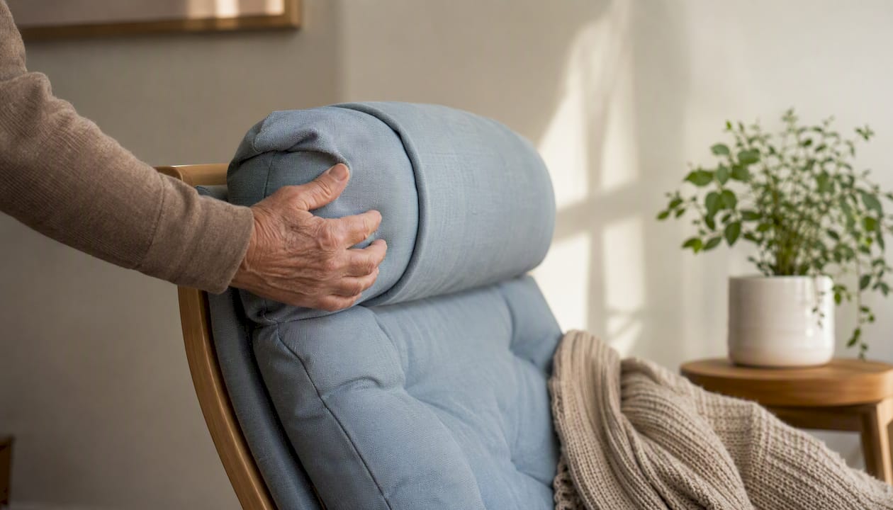 Een hand die de blauwgrijze hoofdsteunhoes op een relaxfauteuil recht trekt.