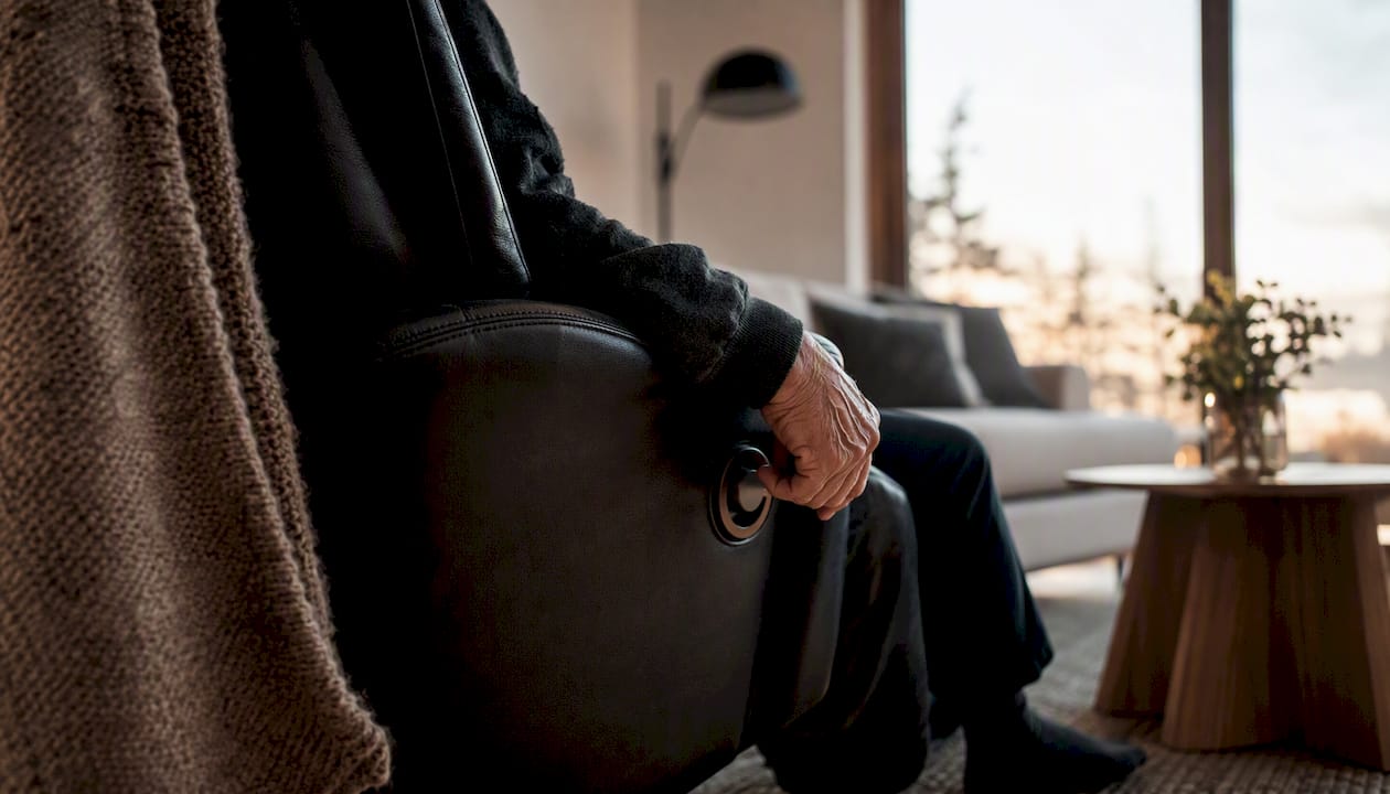 Een oudere man stelt de hendel van zijn relaxstoel bij