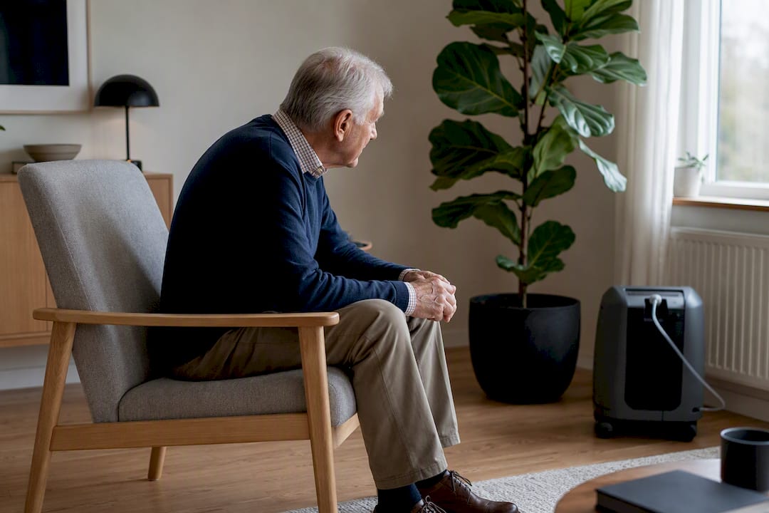 Oudere persoon past zithouding aan voor betere ademhaling
