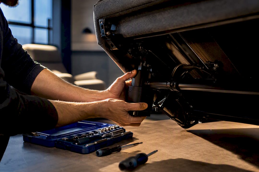 Monteur inspecteert stoelmechanisme voor reparatie