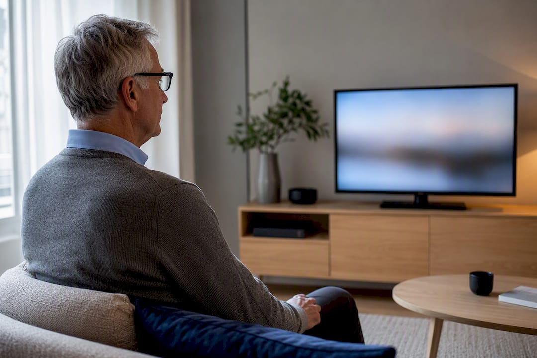 Oudere kijkt rechtop zittend naar de televisie