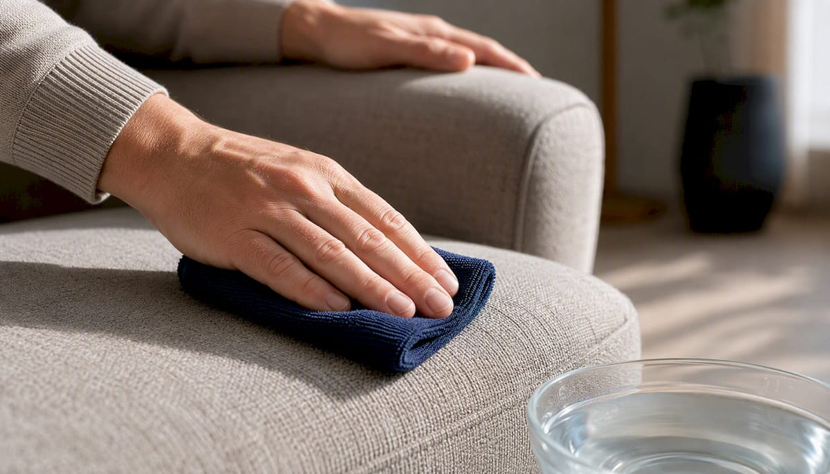 Handen schoonmaken met een vochtige doek op stoffen bekleding