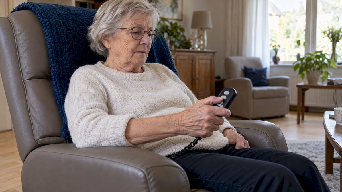 Oudere vrouw bedient relaxstoel met een afstandsbediening
