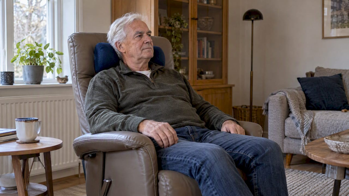 Oudere man met nekkussen in een relaxstoel