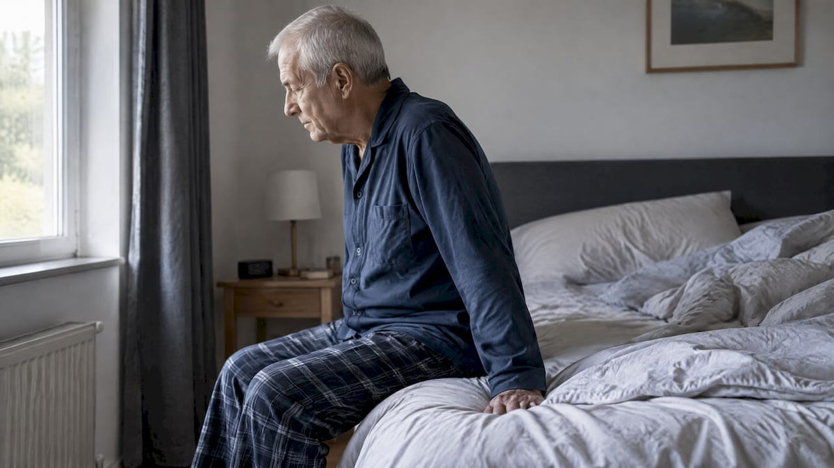 Oudere man neemt pauze op de rand van het bed voordat hij opstaat