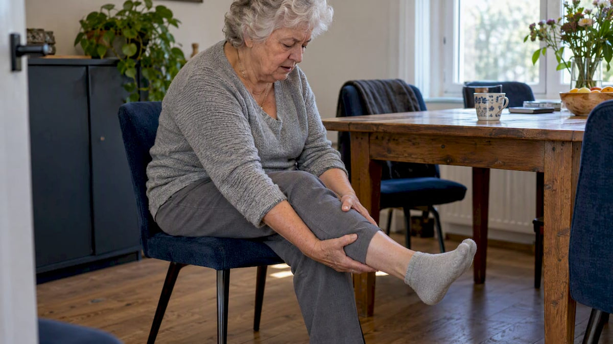 Bejaarde vrouw doet een kuitstretch zittend