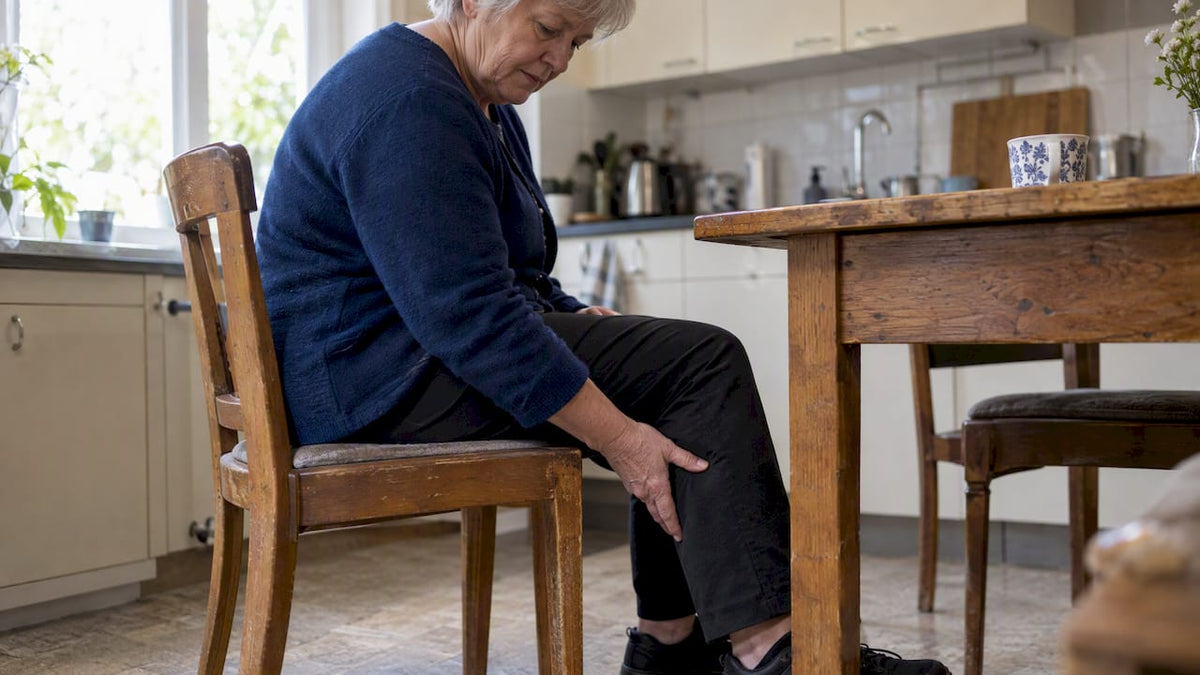 Vrouw merkt druk achter haar knie op tijdens het zitten